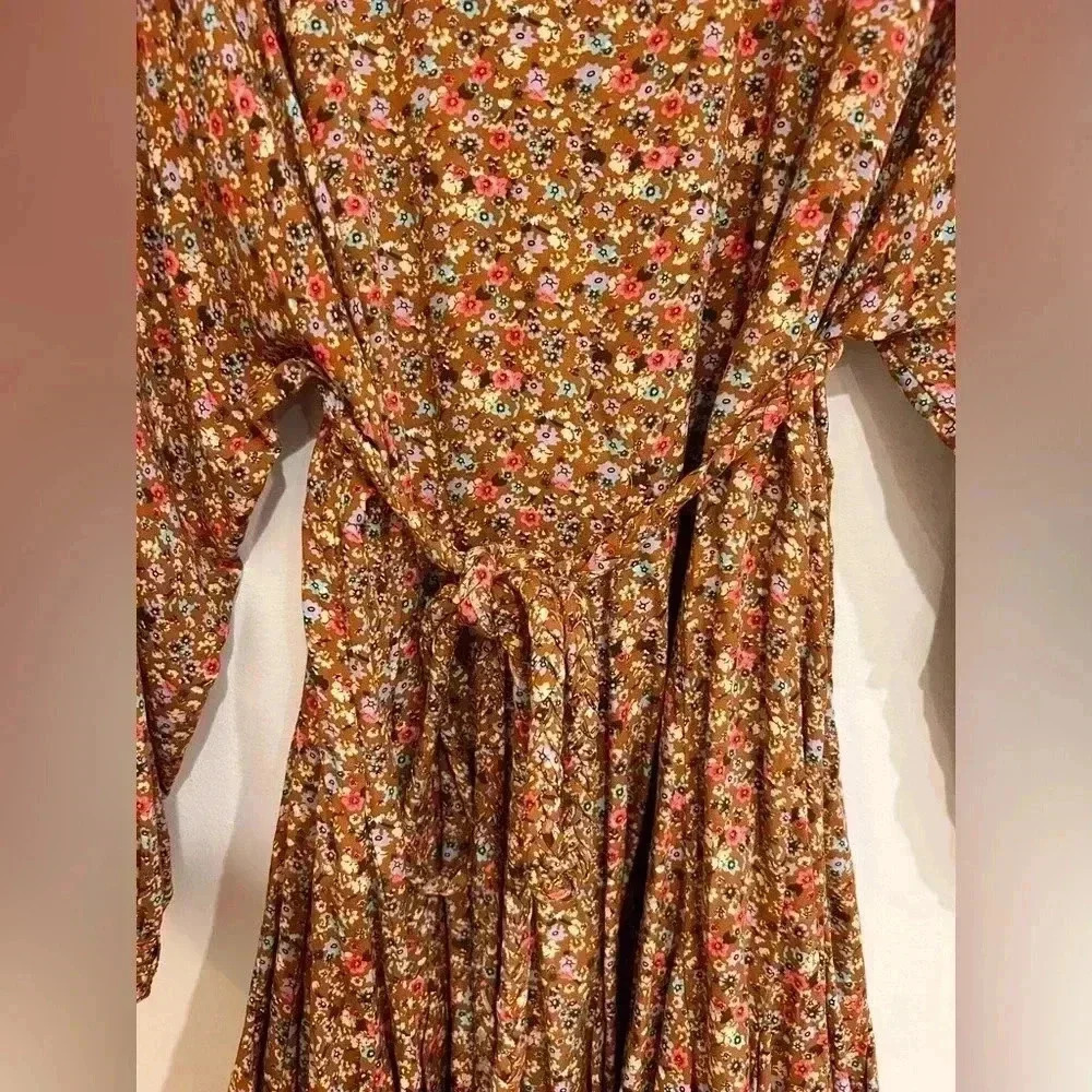 AURA Ballon Sleeve bat wing braided Belt flowy Boho floral fall mini dress S-M - Picture 9 of 15